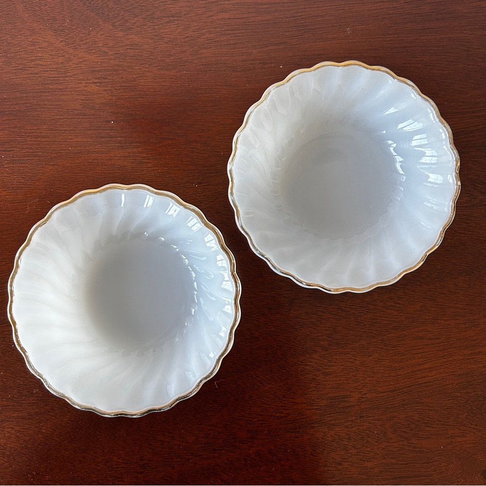 Anchor Hocking Milk Glass Bowls with Gold Trim and Scalloped Edges Set of 2